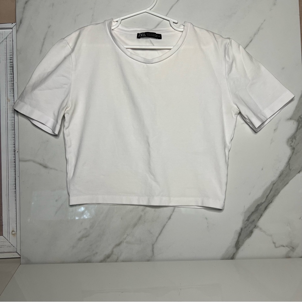 Zara White Crop Boxy Tee Short Sleeve